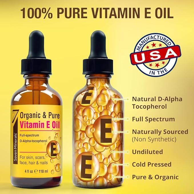 Seven Minerals Ultra Pure Vitamin E Oil - Full-Spectrum D-Alpha Tocopherol per 4 Oz Bottle - 100% Organic Vitamin E Oil for Skin, Face, Hair and Scars - Naturally Occurring:Not Synthetic. (Pack of 2)