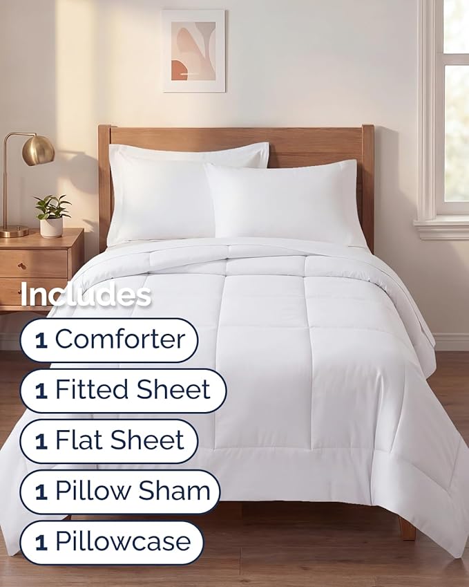 Twin XL Comforter Set - 5 Piece Bed in a Bag Twin XL Size Bed Set - Down Alternative Comforter, Flat Sheet, Fitted Sheet, Pillowcase & Sham for All Seasons - Ultra Soft, Comfy and Breathable - White