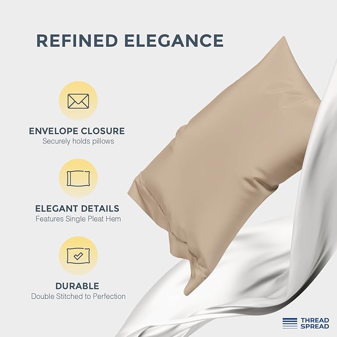 THREAD SPREAD 100% Egyptian Cotton Pillow Cases Queen Size Set of 2 - Luxury 1500 Series Queen Pillow Cases (Taupe), Soft Cooling Envelope Closure Hotel Quality Egyptian Cotton Pillowcases