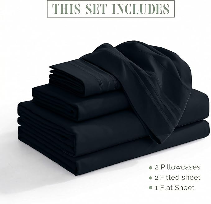 Elegant Comfort Luxurious 1500 Premium Hotel Quality Microfiber Three Line Embroidered Softest 5-Piece Bed Sheet Set, Wrinkle and Fade Resistant, Split King, Black