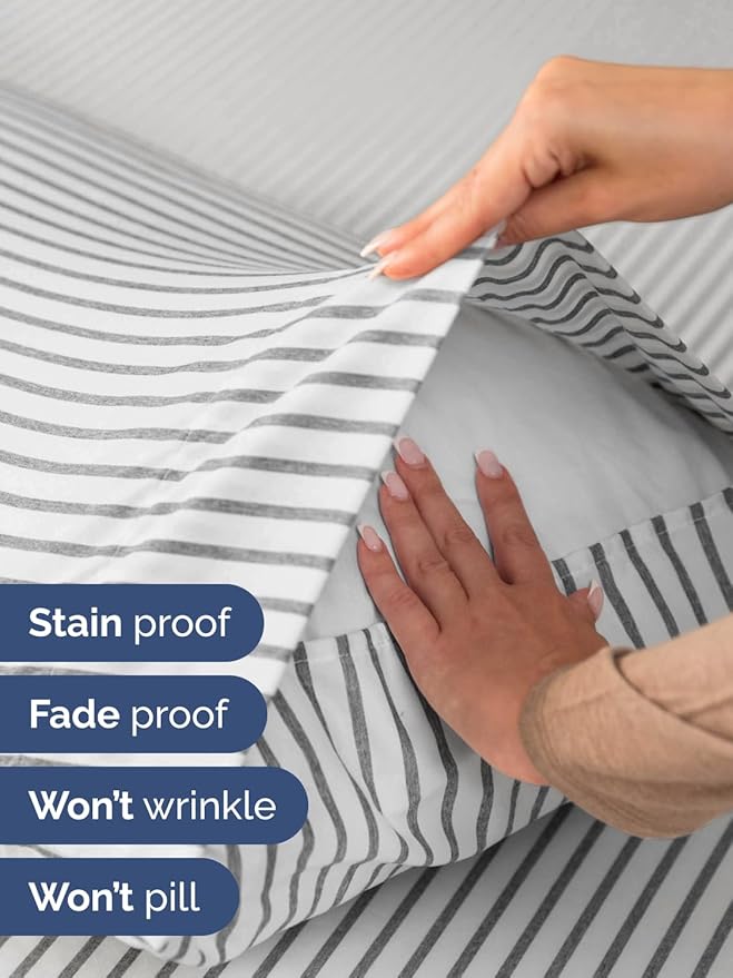 Extra Deep Split King Sheet Set - 7 Piece Breathable and Cooling Sheets - Hotel Luxury Bedding for Women, Men, Kids & Teens - Secure Fit - Soft and Wrinkle Free with Extra Deep Pockets - Grey Stripes