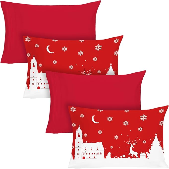 YIYEA Christmas King Size Pillow Cases Set of 4, Ultra Soft Double Brushed Microfiber Red Pillowcases and Christmas Pillow Covers, Envelope Closure, Fade Resistant (20"x36")