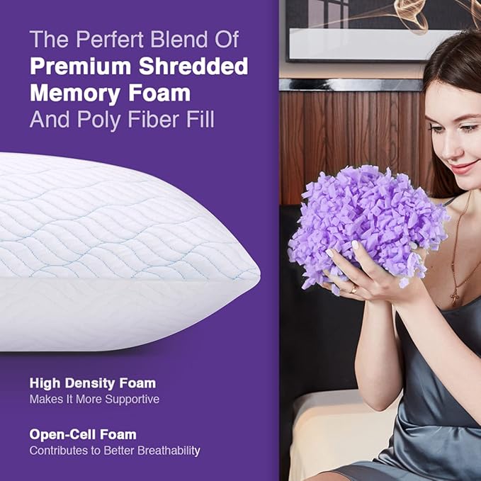 WISHSMILE Cooling Shredded Memory Foam Pillows for Sleeping Cool Cold Pillow Standard Size Set of 2 with Zipper, Adjustable Firmness to Hot, Side, Back and Stomach Sleepers, 2 Pack, 20x26