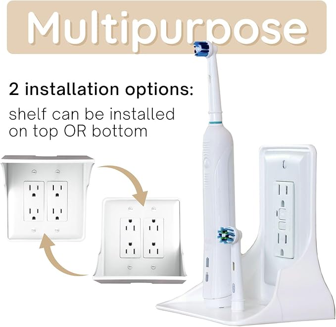 Power Perch Double Wall Outlet Shelf with Cord Storage Strap - Declutter & Reclaim Bathroom Counter Space - Alexa Stand, Apple Homepod Shelf, Toothbrush Holders Wall Mounted - White, 2-Pack