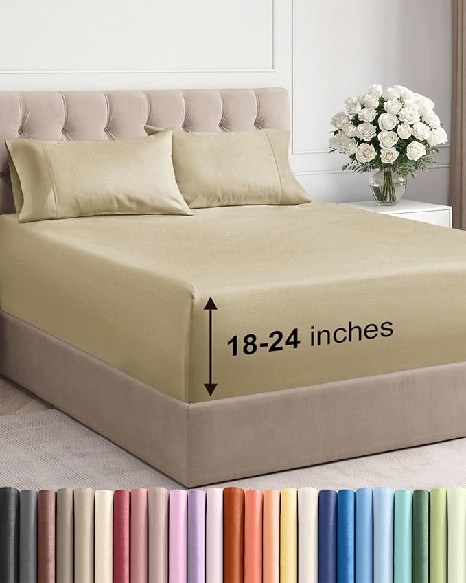 Extra Deep Full Sheet Set - 4 Piece Breathable & Cooling Bed Sheets - Easily Fits 18 to 24 inch Mattress - Ultra Soft, Wrinkle & Fade Free w/ Extra Deep Pockets - Comfy Hotel Luxury Bedding - Beige