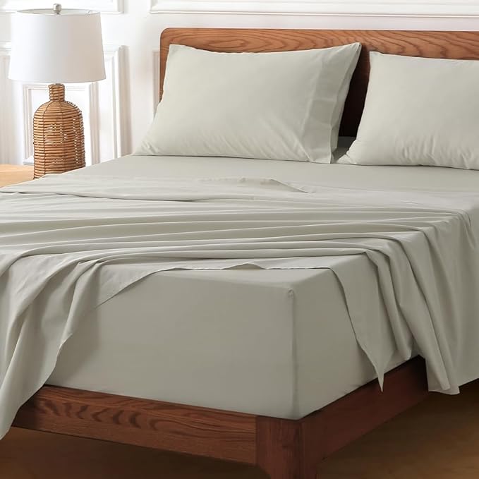 HYPREST 100% Cotton Percale Sheets Queen Size - 18-24 Extra Deep Pocket Bed Sheet Set Queen, Crisp & Breathable Cooling Bedding (Greige)