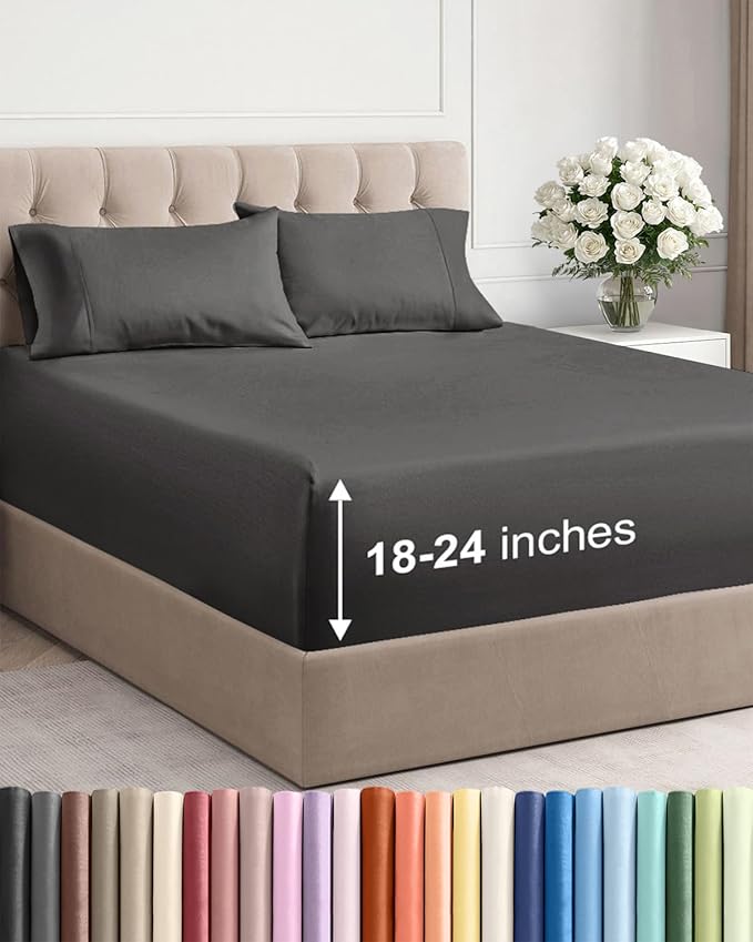 Extra Deep Queen Sheet Set - 4 Piece Breathable & Cooling Bed Sheets - Easily Fits 18 to 24 inch Mattress - Ultra Soft, Wrinkle & Fade Free with Extra Deep Pockets - Hotel Luxury Bedding - Charcoal