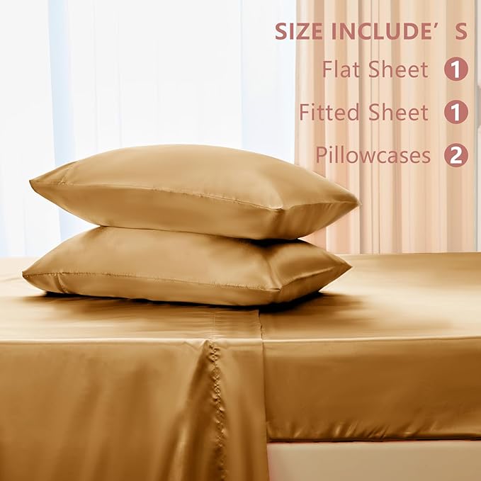 CozyLux Satin Sheets King Size Sheet Set - 4 Piece Silky King Sheets, Luxury Gold King Bed Set with Smooth and Soft Microfiber, Includes 1 Fitted Sheet, 1 Flat Sheet and 2 Pillowcases