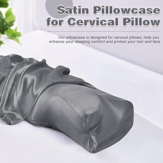 Satin Pillowcase for Cervical Pillow, Dark Grey Silky Cervical Pillow Case Contour Pillow Case Cover with Zipper, Smooth Ergonomic Pillowcase for Neck Pillow Cover