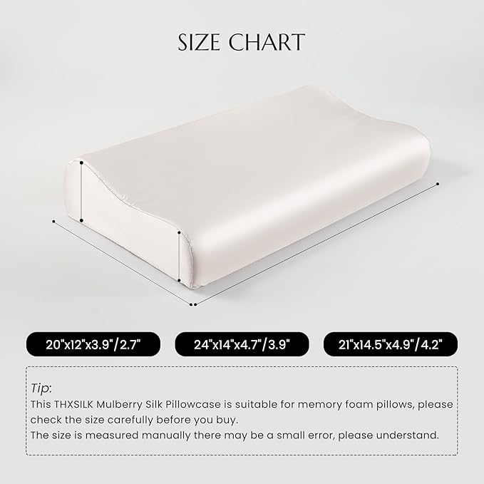 THXSILK 19 Momme 100% Mulberry Silk Pillowcase for Contour Memory Foam Pillow, Contour Pillow Case Cover, Cervical Pillow Case, Pack of 1(Natural White, 21"x14.5"x4.9"/4.2")