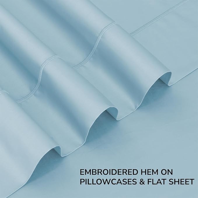 Feather & Stitch 500 TC Full Size 4pc Damask Bed Sheet Set, 100% Soft Cotton Breathable Bedsheets, 18" Deep Pockets Sateen Weave Solid Bedding Mattress Resort Hotel Luxury Decor - (Feather Blue)