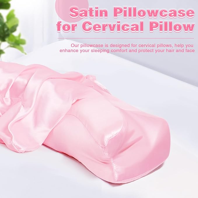 Satin Pillowcase for Cervical Pillow, Pink Silky Cervical Pillow Case Contour Pillow Case Cover with Zipper, Smooth Ergonomic Pillowcase for Neck Pillow Cover