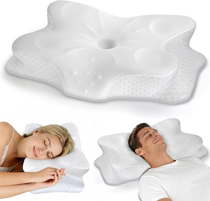 Cervical Neck Pillows for Sleeping & Pain Relief-Ergonomic Contour Memory Foam Pillow for Side/Back/Stomach Sleepers, 2 Heights with ICY Cooling White Silk Pillowcase - Gifts for Men & Women