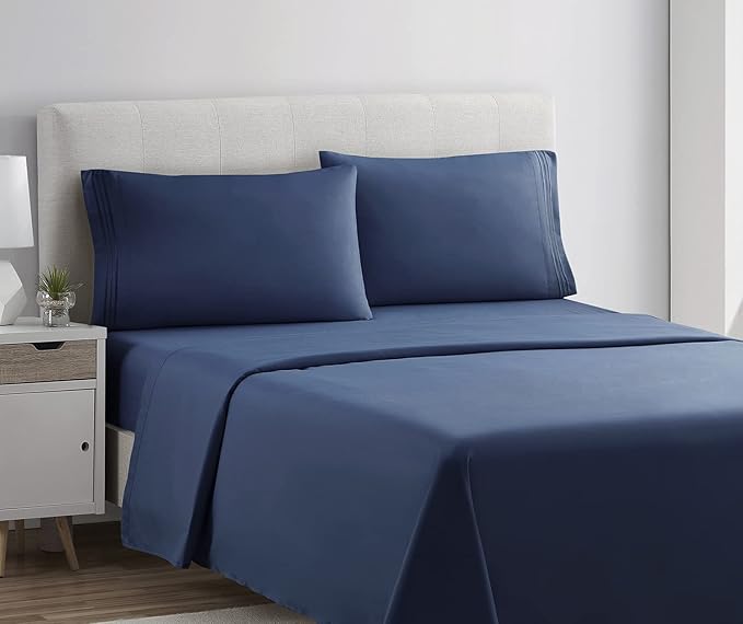 Clara Clark Bed Sheets, Premier 1800 Series 4 Piece Bed Sheet Set, Deep Pocket, Wrinkle, Fade, Stain Resistant, Luxury Soft Bedding Sheets & Pillowcases, Queen, Navy Blue