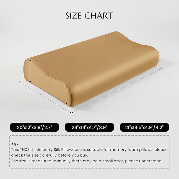 THXSILK 19 Momme 100% Mulberry Silk Pillowcase for Contour Memory Foam Pillow, Cervical Pillow Case, Contour Pillow Case Cover, Pack of 1(Metallic Gold, 20"x12"x3.9"/2.7")