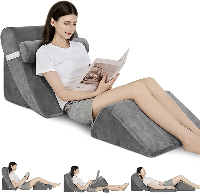 4PCS Orthopedic Bed Wedge Pillow Set for Post Surgery&Pain Relief,Adjustable Wedge Pillow for Back,Acid Reflux,Sitting up in Bed,Recovery,Snoring,Body Pillow for Sleeping (Gray)