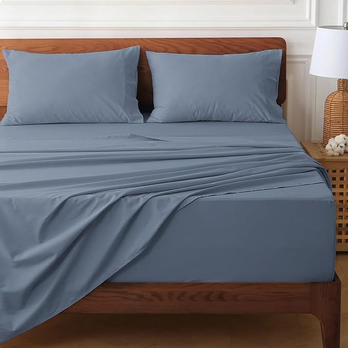 HYPREST 100% Cotton Percale Sheets King Size - 18-24 Extra Deep Pocket Bed Sheet Set King, Crisp & Breathable Cooling Bedding (Dusty Blue, Queen)