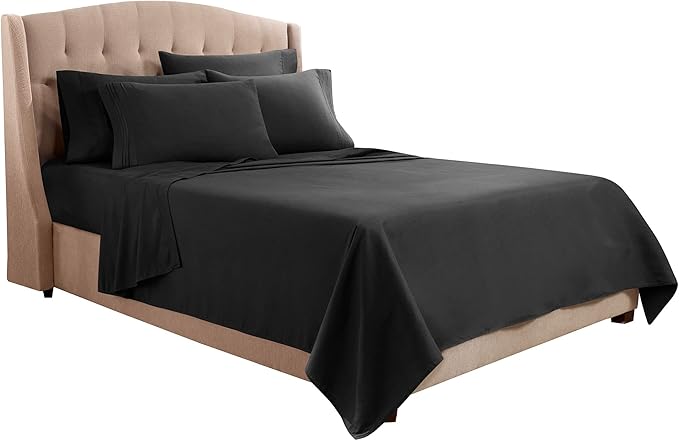 Clara Clark Flex Top King Sheets, 6 Piece Set - Hotel Luxury Sheets for Top Split King Bed, Super Soft Bedding Set, Head Split King Black