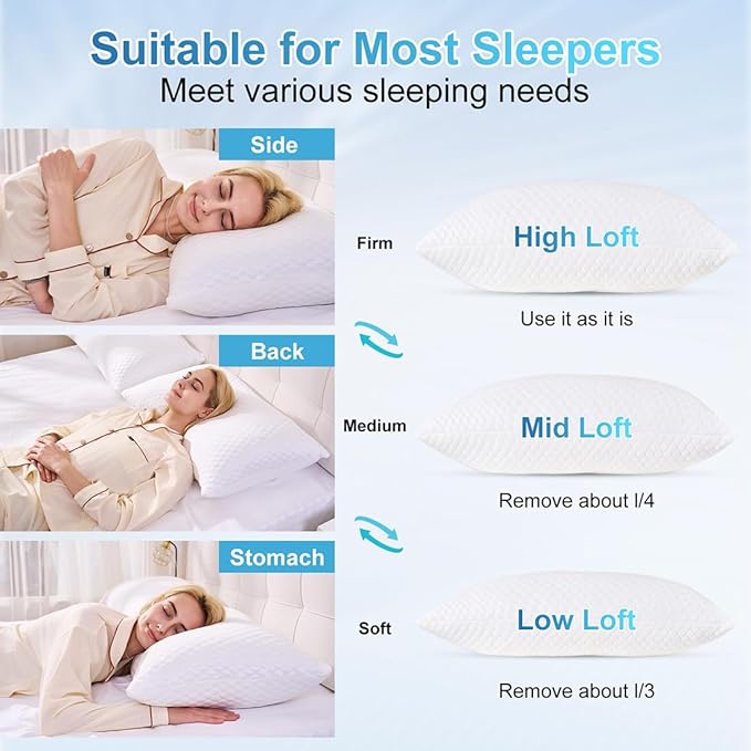 NTCOCO Cooling Bed Pillows Standard Size for Sleeping Shredded Memory Foam Bed Pillows Adjustable Gel for Side Stomach Back Sleepers Washable Removable Cover