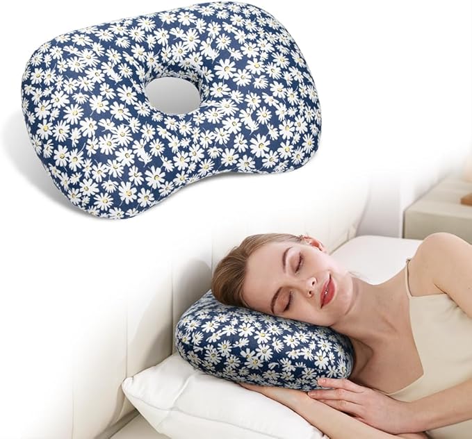Ear Piercing Hole Pillows Side Sleeper Pillow with an Ear Hole for CNH Side Sleepers and Ear Inflammation Pressure Sores, Adjustable Cotton and Polyester Curved Side Pillow, Blue Flowers