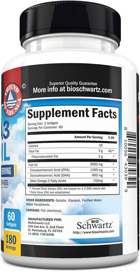 Triple Strength Omega 3 Fish Oil 3000mg - High Potency Omega 3 Supplement for Women and Men, Burpless Lemon Flavor Fish Oil - 2250mg Essential Fatty Acids with DHA & EPA, Wild Caught, 180 Softgels