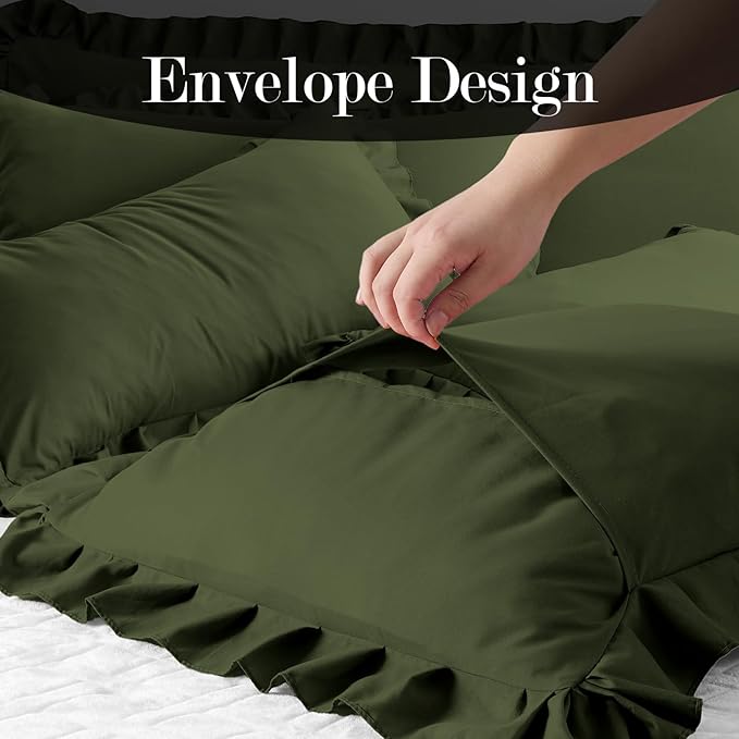 Ruffle Pillow Cases Queen Size Set of 2 – Soft Wrinkle Resistant Brushed Microfiber Ruffled Pillowcases –Envelope Pillow Shams Cover Festive Gift for Hotels,Guest Rooms 20x30 Inch (Olive Green)