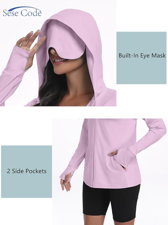 SeSe Code UPF 50+ Hoodie With Eye Mask Womens Zip Up Travel Jackets Sleep Sun Protection Shirts Pockets Outdoor Nap