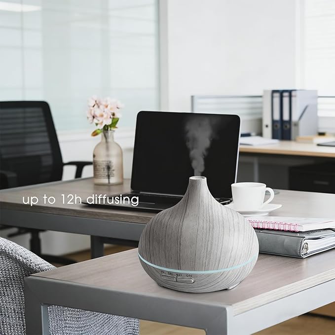 550ml Large Capacity Essential Oil Diffuser with 6 Aromatherapy Oils,Humidifier for Home Decor with Waterless Auto-Off,7 Color LED Light for Yoga Gym Office Decoration (White Wood Grain)