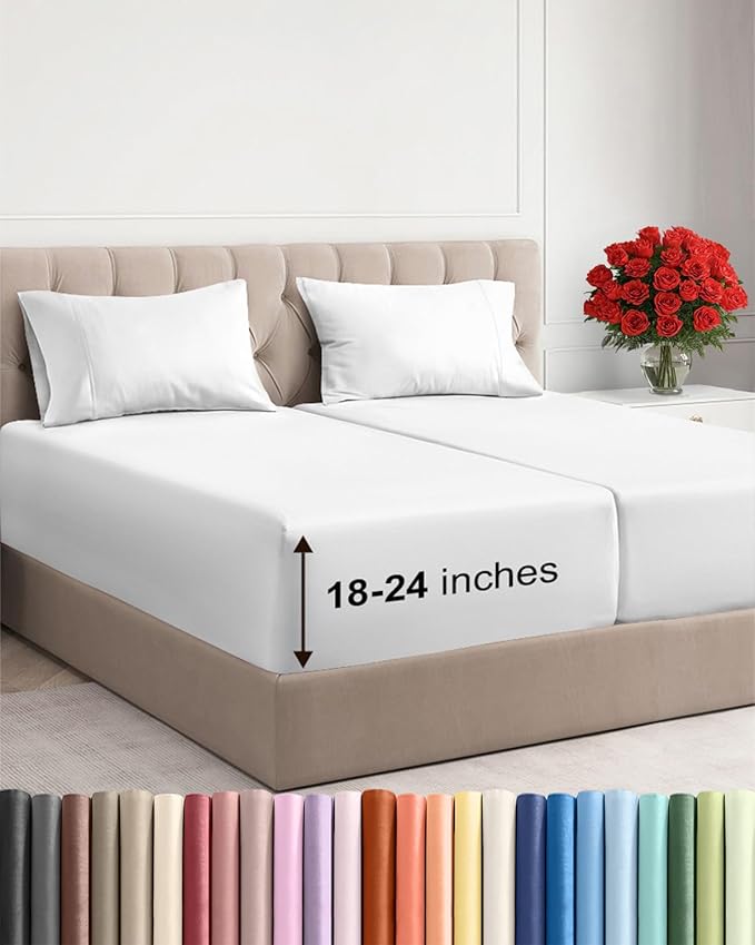 Extra Deep Split King Sheet Set - 5 Piece Breathable & Cooling Bed Sheets - Easily Fits 18 to 24 inch Mattress - Ultra Soft, Wrinkle & Fade Free w/ Extra Deep Pockets - Hotel Luxury Bedding - White