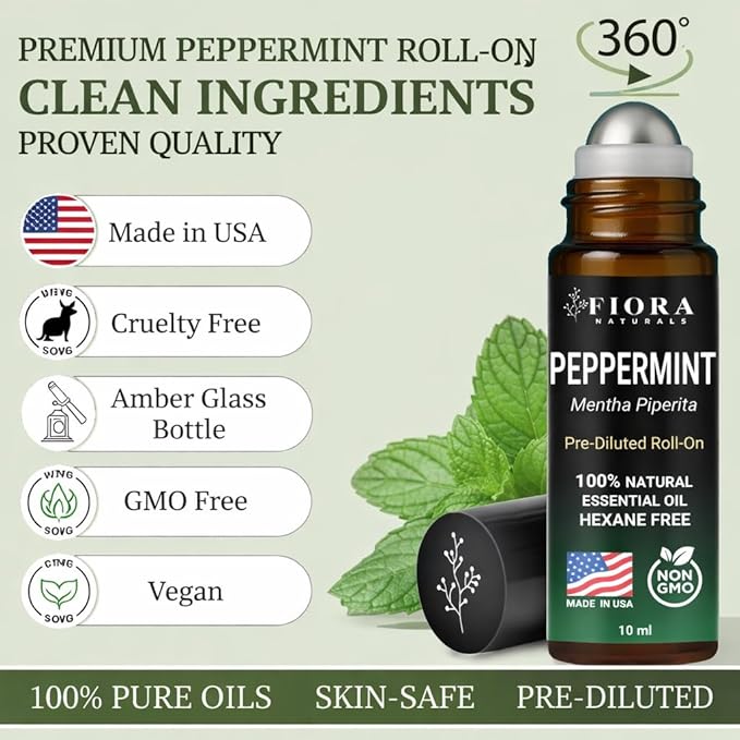 Peppermint Essential Oil Roll On Pre-Diluted with MCT Oil – Cooling Aromatherapy Peppermint Oil Rollerball, Essential Oil Roller for Head, Travel & Everyday Refresh, 100% Natural, Compact Roll On