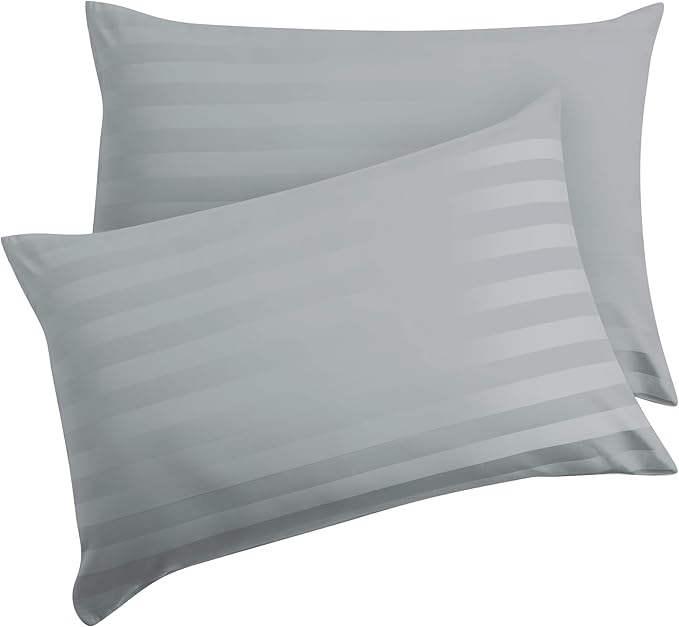 Pillow Protector Queen Size 100% Egyptian Cotton Pillow Covers, 400 Thread Count Sateen Weave Pillow Cases with Zipper Hidden, Breathable Non Noisy Easy Care, Set of 2 (Stripe-Gray)