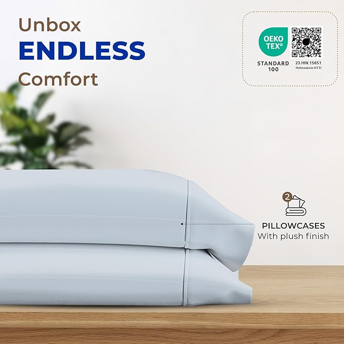 Thread Spread 100% Egyptian Cotton Pillow Cases Queen Size Set of 2 - Luxury 1000 Series Paradise Collection Queen Pillow Cases (Light Blue), Soft Cooling Sateen Hotel Egyptian Cotton Pillowcases