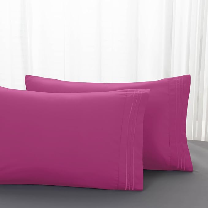 Mocassi 2-Piece Premium King Pillowcase Set 1800 Series Hotel Quality Microfiber - Soft and Breathable with 3-Line Embroidery Wrinkle and Stain Resistant, Easy Care, 20" x 40", Hot Pink
