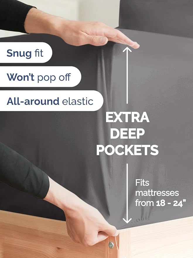 Extra Deep Twin Sheet Set - 3 Piece Breathable & Cooling Bed Sheets - Easily Fits 18 to 24 inch Mattress - Ultra Soft, Wrinkle & Fade Free with Extra Deep Pockets - Hotel Luxury Bedding - Dark Grey