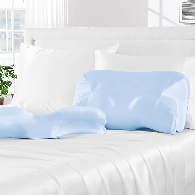 Satin Pillowcase for Cervical Pillow, Baby Blue Silky Cervical Pillow Case Contour Pillow Case Cover with Zipper, Smooth Ergonomic Pillowcase for Neck Pillow Cover