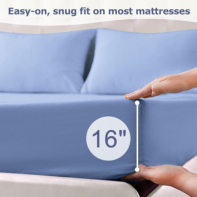 Full Size Bed Sheet Set - 4 Piece Soft Microfiber Sheets with Deep Pockets, Cooling Technology, and Wrinkle-Free Pillowcase. Hotel-Quality, Durable Bedding, Chambray Blue