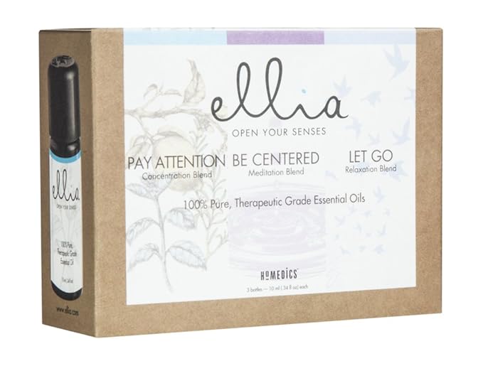 Ellia Essential Oil Set, Calm and Concentration, Including Signature Blends of Pay Attention, Be Centered, and Let Go. 3 Pack Essential Oil Kit, 10ml Each, by Homedics