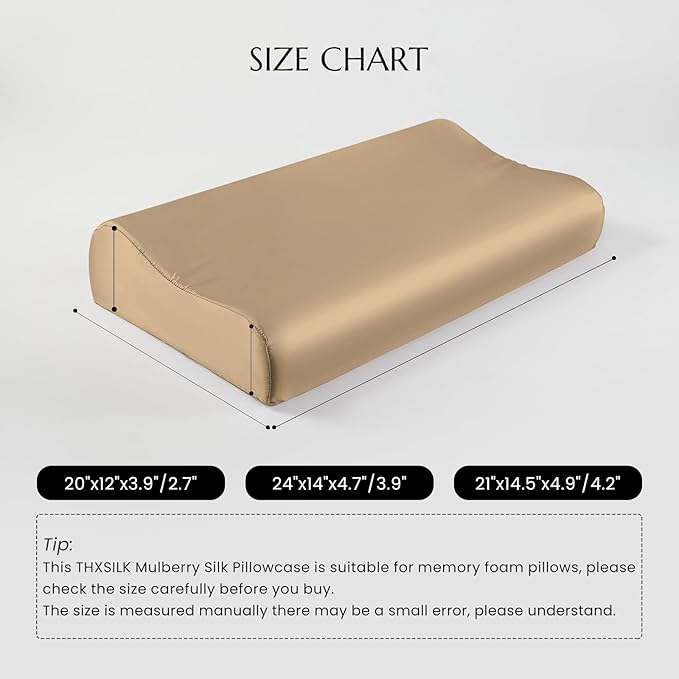 THXSILK 19 Momme 100% Mulberry Silk Pillowcase for Contour Memory Foam Pillow, Contour Pillow Case Cover, Cervical Pillow Case, Pack of 1(Taupe, 21"x14.5"x4.9"/4.2")
