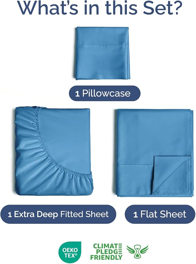 Extra Deep Twin Sheet Set - 3 Piece Breathable & Cooling Bed Sheets - Easily Fits 18 to 24 inch Mattress - Ultra Soft, Wrinkle & Fade Free with Extra Deep Pockets - Hotel Luxury Bedding - Denim Blue