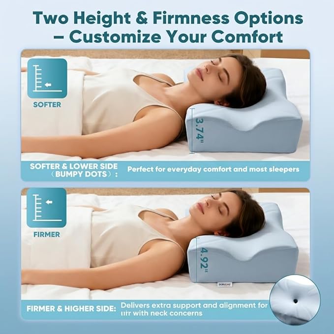 DOBUONO Cervical Neck Pillow - Side Sleeper Pillow for Neck Pain Relief, Odorless Memory Foam Pillow with Cooling Cover & Dual Height, Ergonomic Contour for Neck & Shoulder Support, Blue