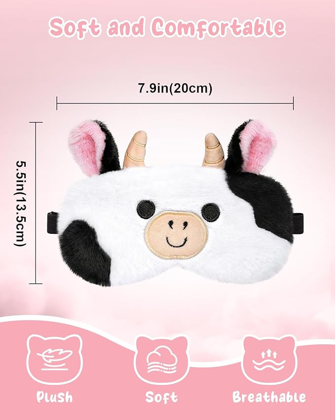 Miss Adola Sleep Mask for Kids - Valentines Gift for Kids Cute Plush Fuffy Sleeping Eye Cover Kawaii Soft Eyeshade Animal Eye Blindfold for Girls Boys Teens with Adjustable Strap, Cow