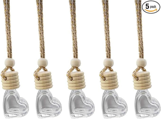 5PCS Hanging Car Air Freshener Essential Oil Diffuser Charm- 8ml Empty Glass Bottle Perfume Pendant Automobile Aromatherapy Diffuser- Auto Interior Decoration for Rearview Mirror Ornament (Heart)