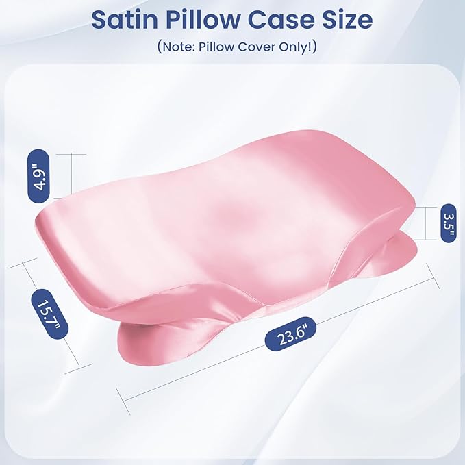 Satin Pillowcase for Cervical Pillow, Ergonomic Case, Smooth & Silky Soft Sleeping Pillowcase, Pink Pillow Cover with Zipper