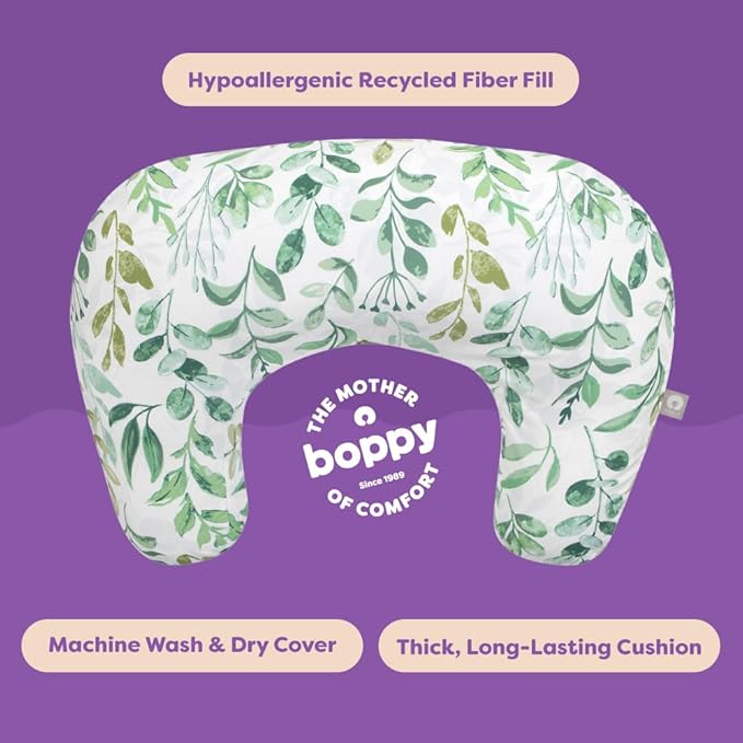 Boppy Nursing Pillow - Firm, Ergonomic U-Shaped Bottle and Breastfeeding Pillow with High Lift for Comfort and Support, Spacious Surface - Green Sage Leaf