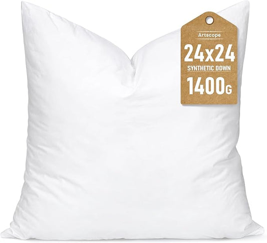 Artscope Synthetic Down Pillow Insert, 24x24 Down Alternative Throw Pillow Insert. Ultra Soft Fluffy Sleeping Pillow with 100% Cotton Cover, Decorative Pillows-White.