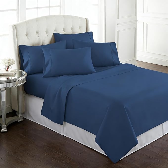 6 Piece Bed Sheet Set for Teens, Full/Queen/King Hotel Premium Sheets with 4 Pillowcases, Lightweight Brushed Microfiber Deep Pockets, Breathable Cooling Bedding Sets (Navy, Full)