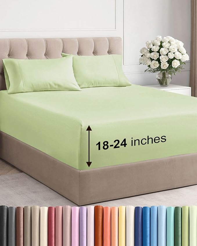 Extra Deep King Sheet Set - 4 Piece Breathable & Cooling Bed Sheets - Easily Fits 18 to 24 inch Mattress - Soft, Wrinkle & Fade Free with Extra Deep Pockets - Hotel Luxury Bedding - Light Sage Green