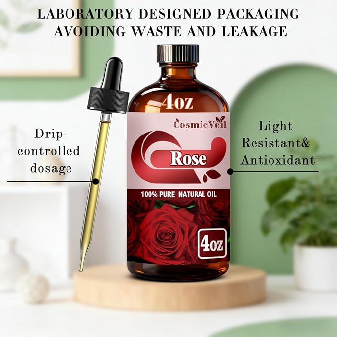 Rose Essential Oil Rose Oil for Aroma Diffuser,Humidifier,Home Fragrance,Cleaning,Body Care,Massage,Yoga,DIY Candle,DIY Soap CosmicVeil（Rose，4 Fl Oz (Pack of 1)）