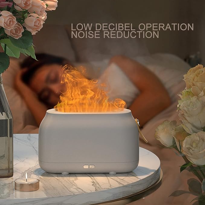 180ml Flame Humidifier, Humidifier with Flame Light, USB Powered Mist Diffuser with Realistic Flame Effect and Dual Mode Rainbow Lighting for Bedroom Office Car, White