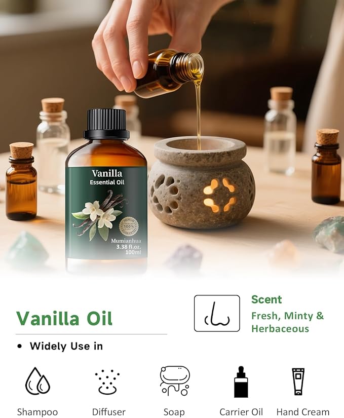 Vanilla Essential Oil, Pure Vanilla Oil Mumianhua Natural Vanilla Bean Oil for Diffuser, Aromatherapy, Skin, Perfume,Candle, Soap Making,DIY 3.38 Fl Oz